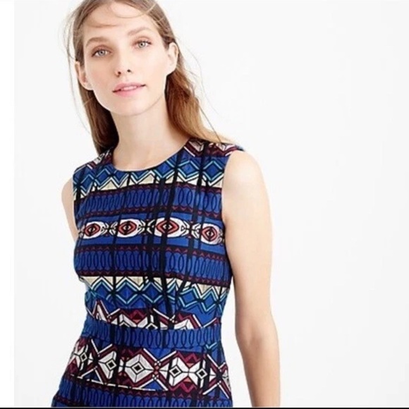 J. Crew Windowpane Sleeveless Jacquard Geometric Blue/Silver A-Line Dress Sz 10 - Picture 4 of 10